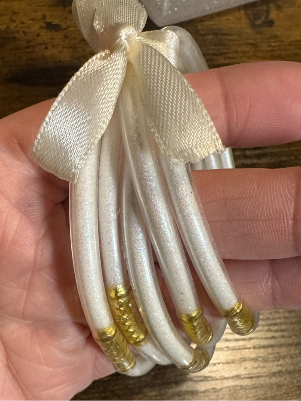 *Pearl White and Gold Wrapped Silicone Bangle Bracelet Set Bride to Be - Picture 2 of 3